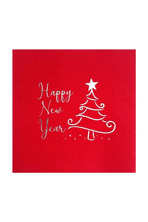 Story 33 X 33 Cm Gümüş Varak Happy New Year 1 Desenli Kırmızı Renkli Kağıt Peçete