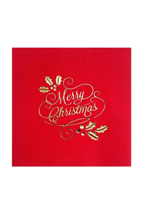 Story 33x33 Cm Altın Varak Merry Christmas Desenli 16'lı Kırmızı Renkli Kağıt Peçete