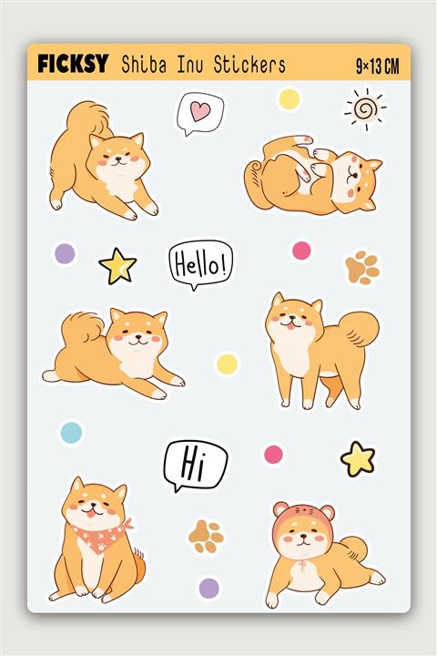 Ficksy Sevimli Yavru Shiba Inu Köpeği Sticker Seti - 14 Adet Etiket Çıkartma