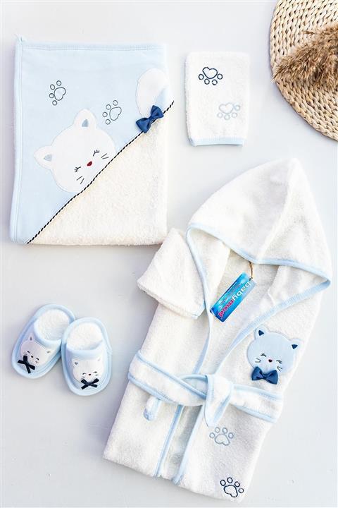 Babymod Erkek Bebek Mavi Kedi Figürlü Banyo Havlu Bornoz Seti