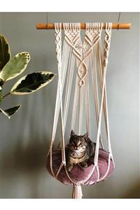 Allhandmadegifts Makrame Kedi Hamağı Gül Kurusu Renk Minderli