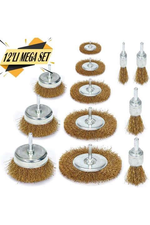 Badem10 Pimli Kalem-çanak-daire Tel Fırça Seti Matkap Uyumlu Pas Fırçası (12'li Set)