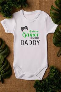 Overoz Gamer Daddy Baskılı %100 Pamuklu Organik Baskılı Beyaz Çıtçıtlı Bebek Body Zıbın Bebek Badi 5010