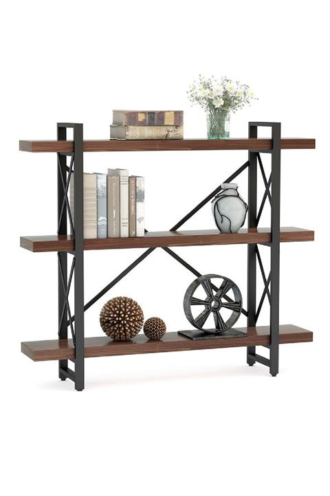 PlusAksesuar Ahşap Doğal Masif 3 Katlı Raf Kitaplık Dosya Rafı Aksesuar Rafı Çapraz Metal Iskeletli Kitaplık