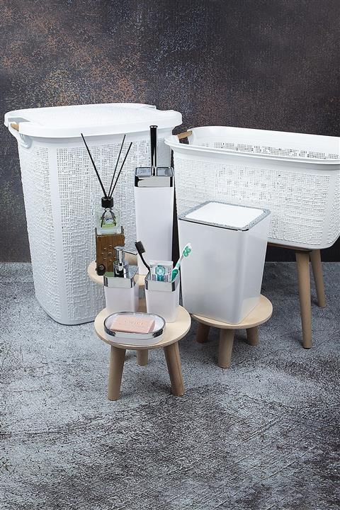 vipgross 7 Parça Çamaşır Ve Kirli Sepeti Ve Banyo Seti Beyaz 605.606 Vialex Elit Beyaz Gümüş