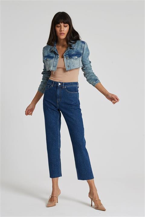 CROSS JEANS Kadın Cropped Yüksek Bel Koyu Mavi Straight Fit Fermuarlı Jean C 4518-026