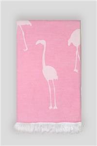 KANDE COTTON Pembe Flamingo Desen Jakarlı Peştamal