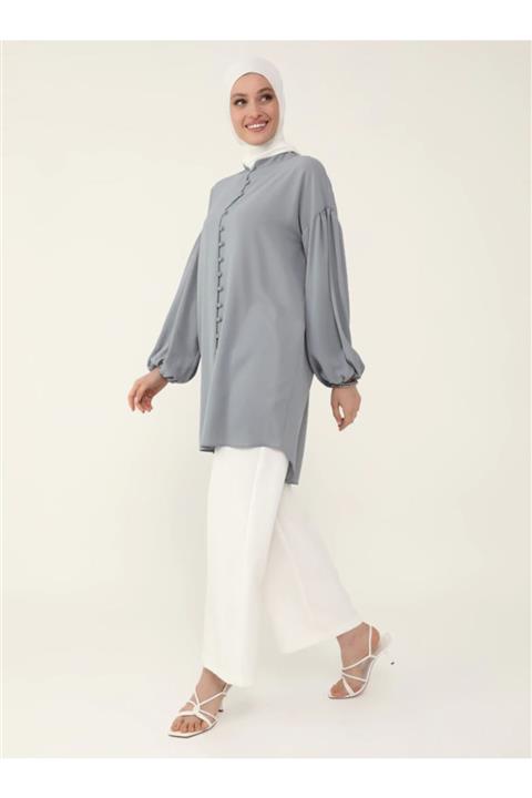 Refka Kadın Gri Mavi İpek Tuşeli Balon Kollu Tunik