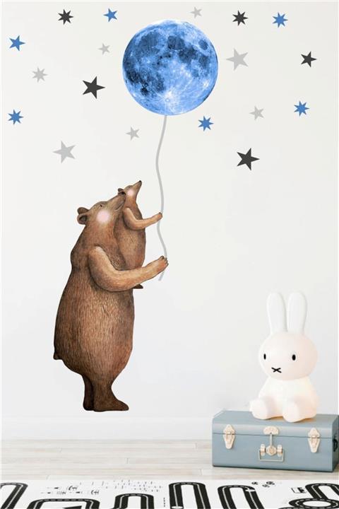 Piksel Grafik Popüler Bear Yavrulu Mavi Moon Duvar Sticker