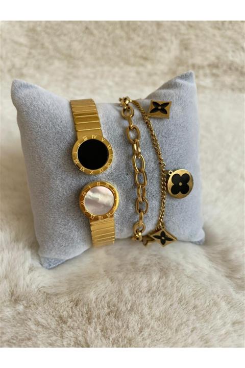 eslina accessories Çift Zincir Siyah Yoncalı Gold Ve Altın Kaplama Kelepçe Bileklik 2li Kombin