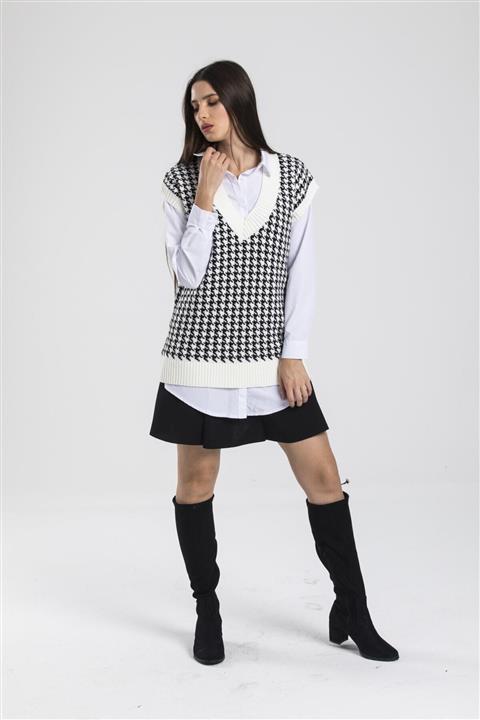 lizbarley Kadın Siyah Kaz Ayağı V Yaka Oversize Triko Süveter