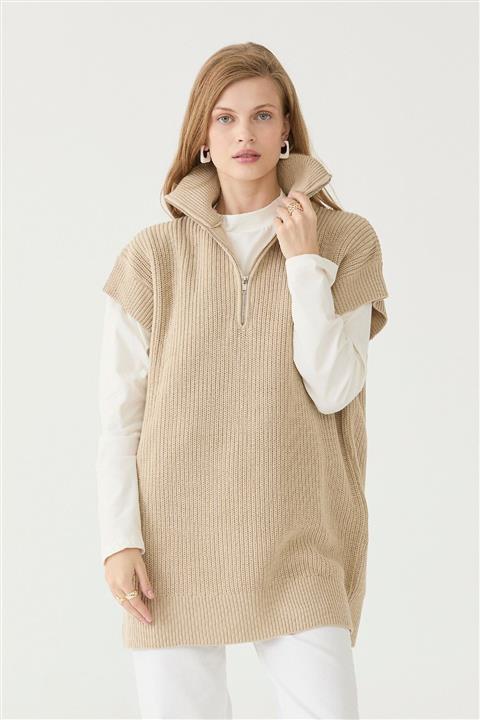 Suud Collection Bej Fermuarlı Triko Süveter