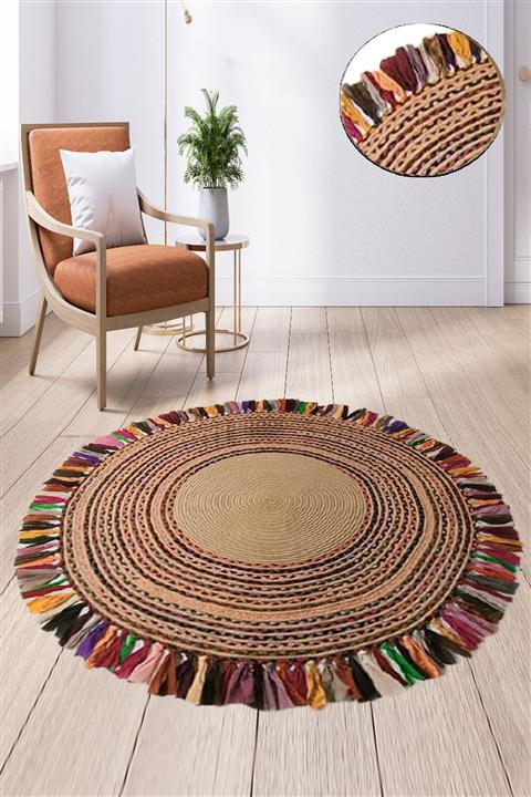 Else Halı Else Çizgili Püsküllü Dekoratif Yuvarlak El Örgü Doğal Hasır Halı Sisal Jüt Kilim Yolluk No408