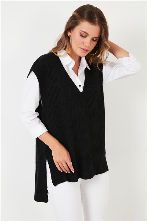 Lela V Yaka Arkası Uzun Yırtmaçlı Süveter 6071661