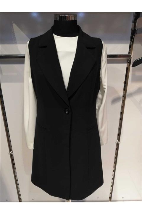 panova Kadın Siyah Klasik Model Tek Düğmeli Tesettür Yelek