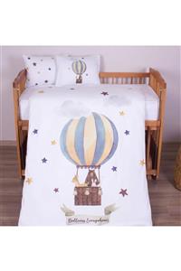 arbababy Organik Baskılı Pamuk Saten Bebek Nevresim Takımı - Ayıcık, Uçan Balon Ve Yıldız Temalı