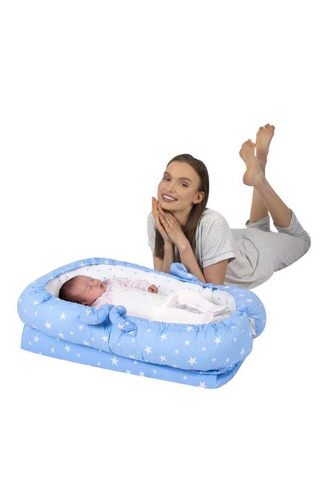Sevi Bebe Mavi Renkli Yıldız Desenli Anne Yanı Bebek Reflü Yatağı