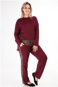 Mooi XXL Kadın Bordo Leopar Garnili Büyük Beden Eşofman Takımı