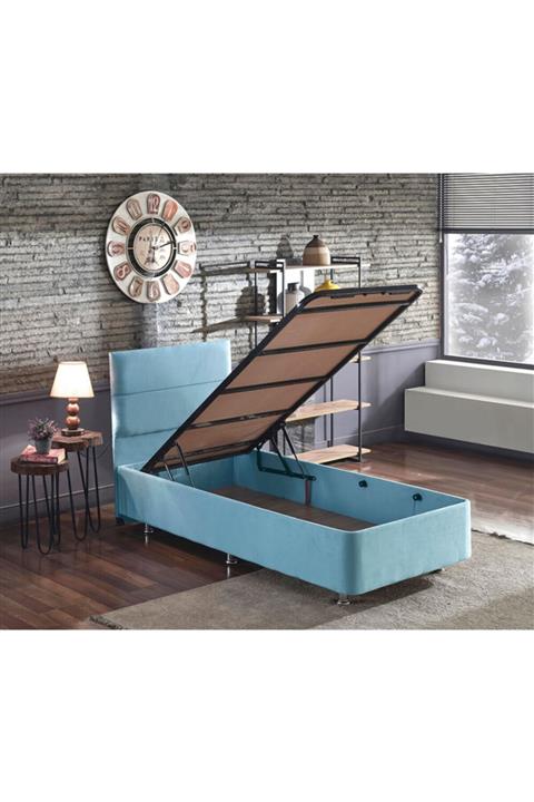 Niron Yatak Tek Kişilik Sandıklı Silinebilir Bebek Mavisi Kumaş Baza Ve Başlığı 100x200 cm