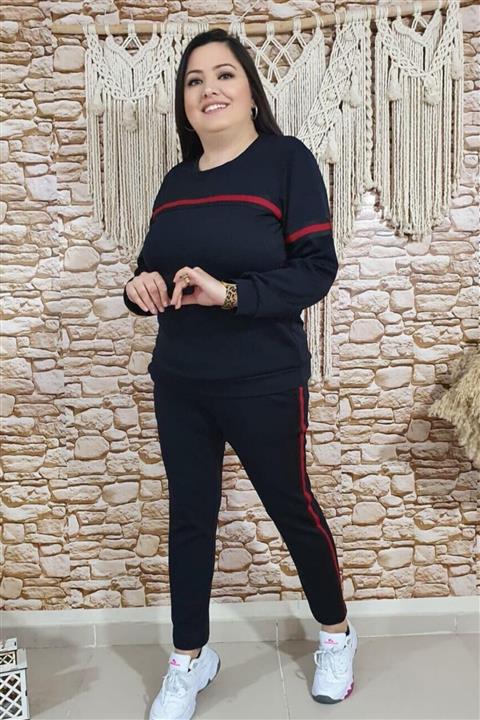 sinemisxxl Kadın Siyah Şeritli Likralı Eşofman Takımı