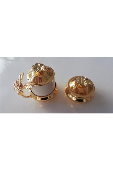 Anka Home Altın Rengi Çiçekli Damat Fincanı Ve Lokumluk Seti