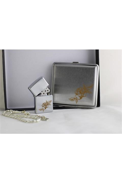 Hobi Tuning Sigara Tabakası, Çakmak Ve Tesbih Seti Gül Desenli