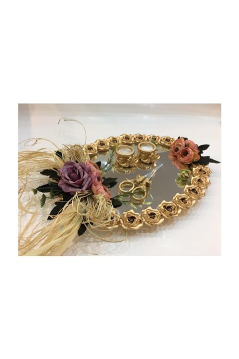 atelier.es Söz Nişan Tepsisi Altın Eskitme Güllü Nişan Tepsisi