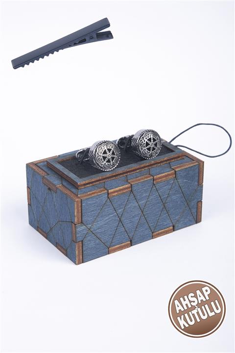 BAYEFENDİ Ahşap Kutulu Gümüş Rengi Metal Işlemeli Kol Düğmesi Nkka35