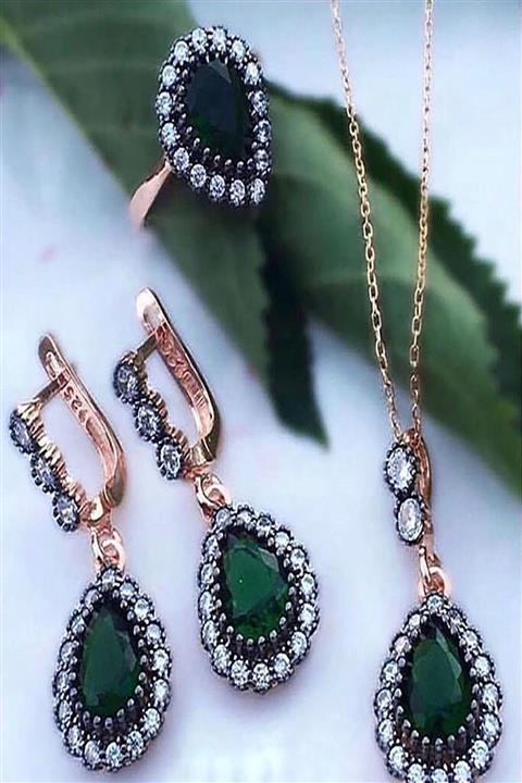 Tmec Silver Elmas Montür Zümrüt Renk Gümüş Set