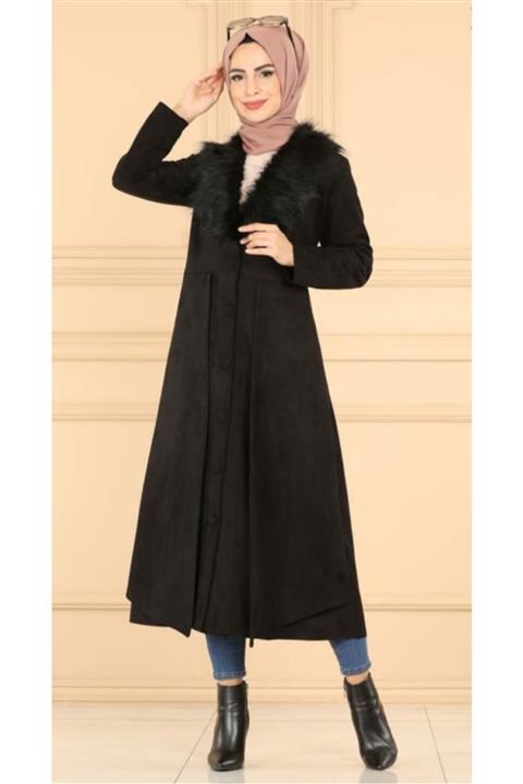 YGS KARDEŞLER Kürk Detaylı Süet Kaban 6359 Siyah