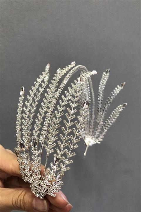 Hayalperest boncuk Yapraklı Beyaz Taşlı Gümüş Gelin Tacı