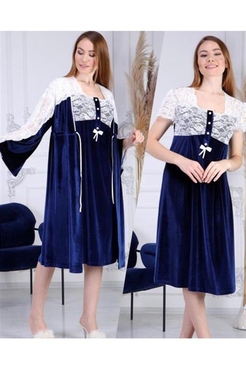 Duchesse Kadife Hamile Lohusa Gecelik Sabahlık Takım 7008 Lacivert