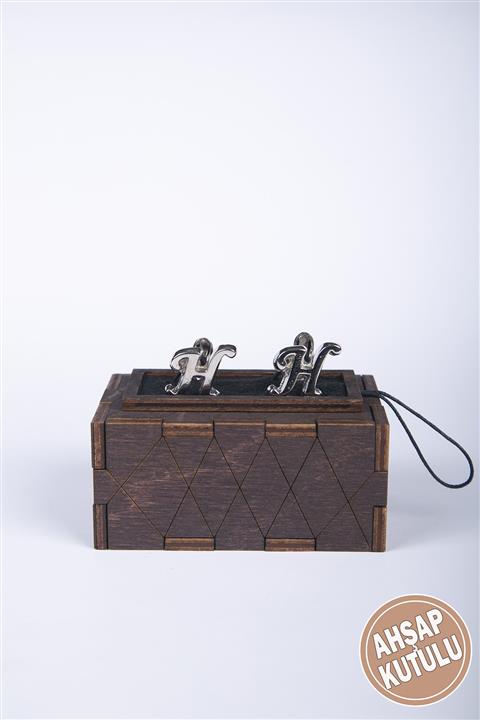 BAYEFENDİ Ahşap Kutulu Harfli Gümüş Rengi Kol Düğmesi H Harfi