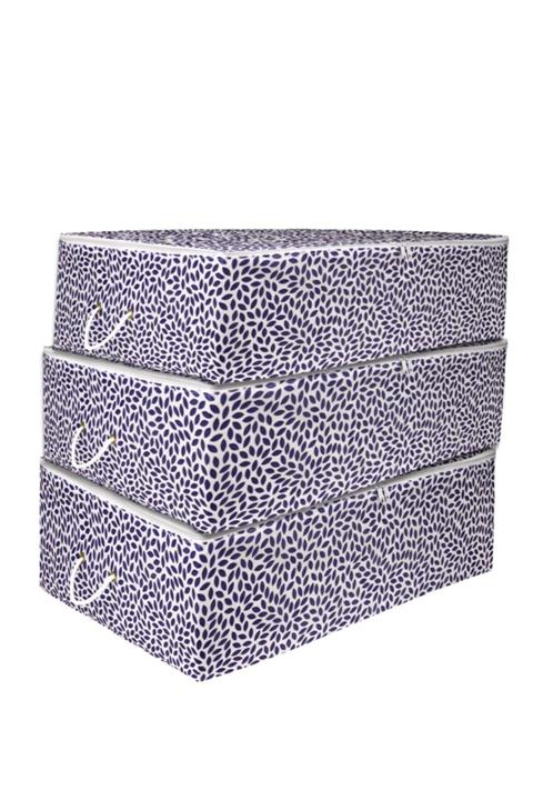 Rek Home 3'lü Büyük Boy Baza Altı Lacivert Yaprak Baskılı Hurç Set 62x46x22
