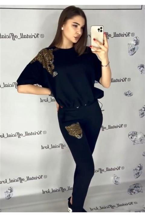 ELBİSENN Yeni Model Kadın Leopar Taş Işleme Ikili Spor Takım