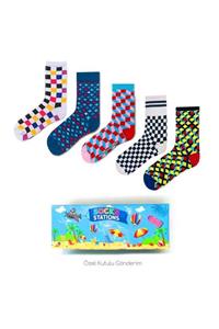 Socks Stations Unisex Renkli 5'li Damalı Desenli Renkli Çorap Kutusu