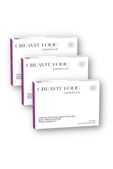 Creavit Folic Complex (400 mcg Folik Asit+B6+B12 Vitamini+İyot) 30 Film Kaplı Tablet x 3 Adet