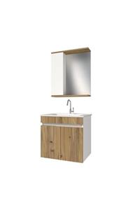 banos Kl3 Ayaksız 2 Kapaklı Lavabolu Ceviz Beyaz Mdf 65 Cm Banyo Dolabı Aynalı Üst Dolabı