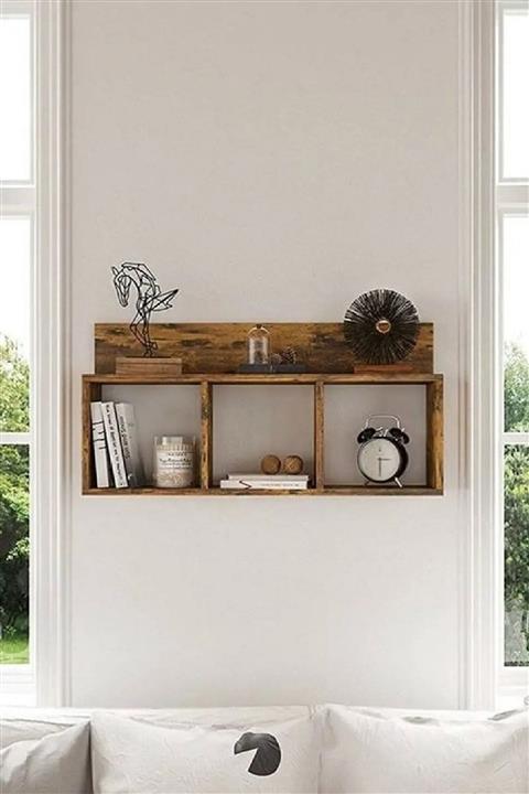 PlusAksesuar Ahşap Masif 3 Gözlü Duvar Rafı Dekoratif Tasarım Kitaplık Aksesuar Rafı