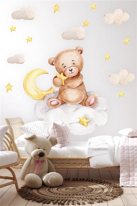 MSticker Ayda Oturan Ayıcık Yıldızlar Ve Ay Çocuk Bebek Odası Duvar Sticker Seti