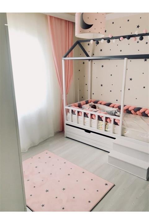 HalıVagonu Hv338 Gri Yıldızlı Pembe Çocuk Odası Halısı