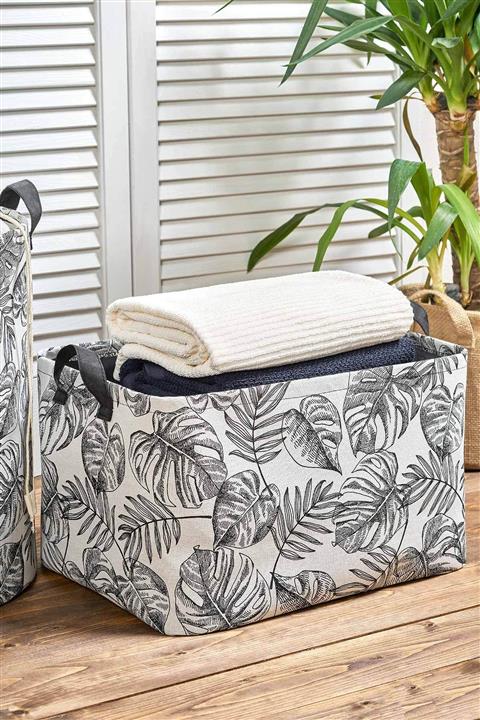 OCEAN HOME Siyah Tropikal Baskılı Sepet//36x27x22