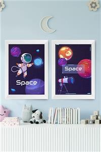 digital art 2'li Set Bebek/çocuk Odası Uzay Ve Astronot Konsept Tablo Seti Beyaz