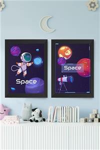 digital art 2'li Set Bebek/çocuk Odası Uzay Ve Astronot Konsept Tablo Seti Siyah