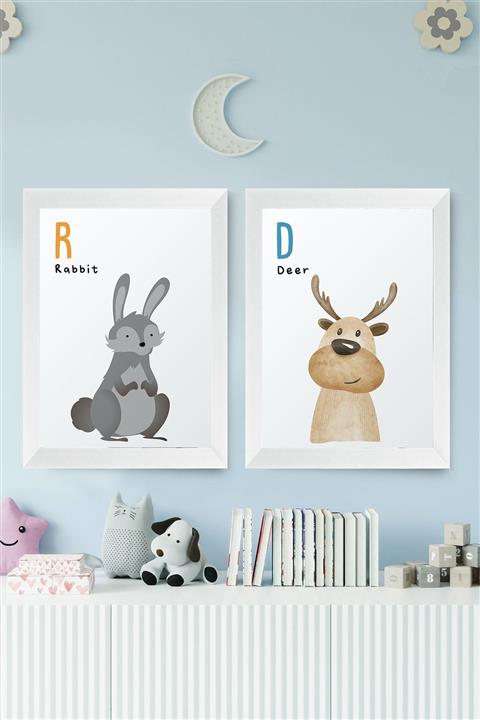 digital art 2'li Set Bebek/çocuk Odası Rabbit-deer Sevimli Hayvan Figürlü Tablo Seti Beyaz