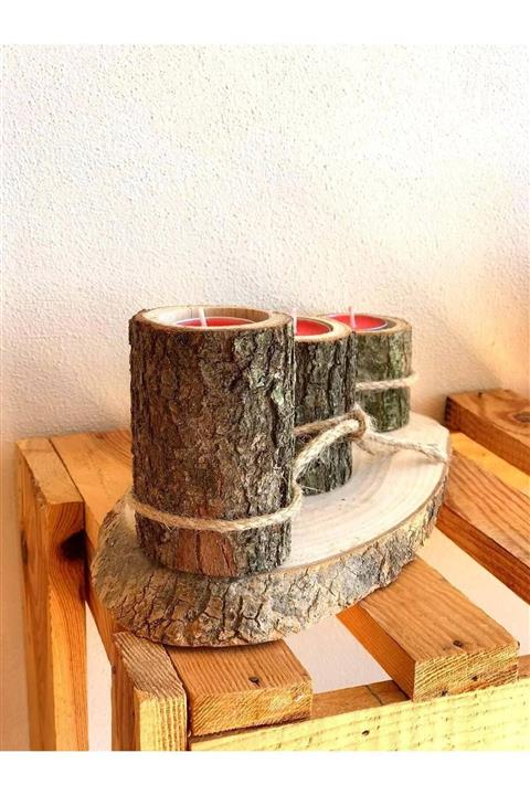Home Decor Dekoratif Tasarım 3'lü Doğal Ahşap Görünümlü Kütük Mumluk