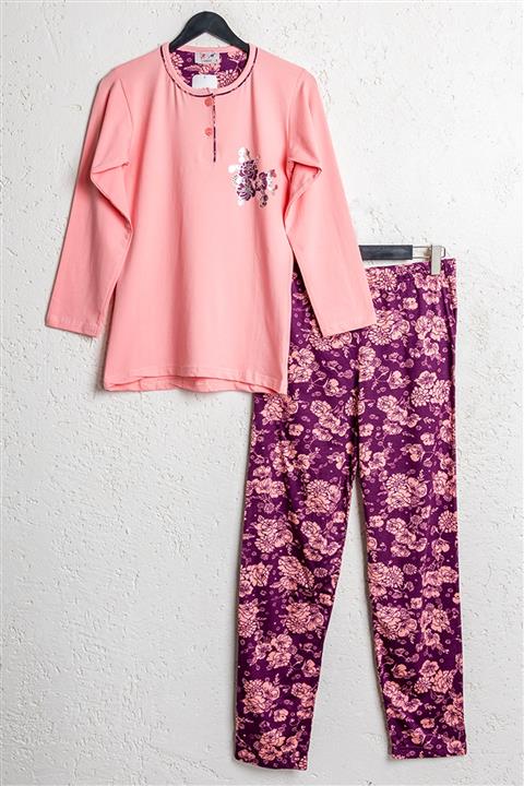 BSM Kadın Pamuklu Yavru Ağzı Çiçekli Pijama Takımı