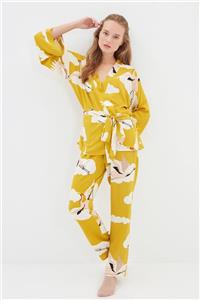 TRENDYOLMİLLA Sarı Kuş Desenli Viskon Dokuma Pijama Takımı THMAW22PT1248