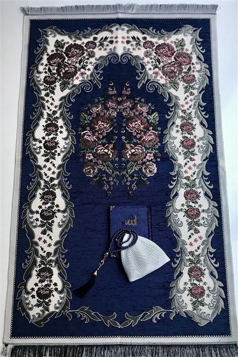 Badeli Lacivert Güllü Seccade Takke Inci Tesbih Kadife Yasin Seti Şönil Kadife Damat Bohçası