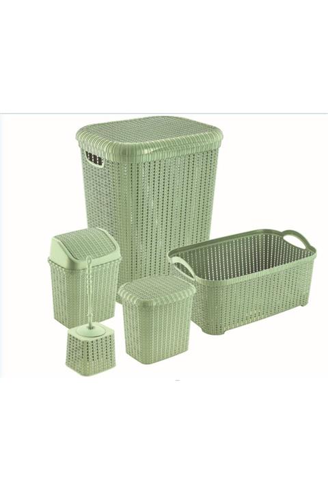 FORSACE Rattan 5 Parça Banyo Seti Kirli Sepeti Çamaşır Selesi Deterjanlık